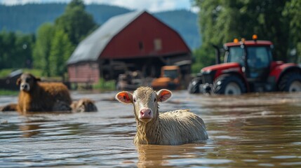 Animals Being Rescued from Flooded Farm Amid Submerged Barn and Tractors in the Background