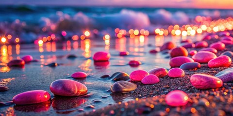 Wet pebbles glowing in pink sunlight on a serene sea shore