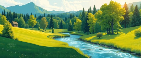 Obraz premium A Winding River Through a Lush Green Valley with a Cabin in the Distance