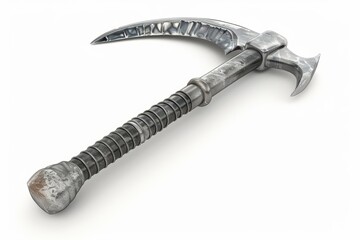 Close-up of a metallic scythe with a shiny finish, designed for artistic and dramatic purposes.