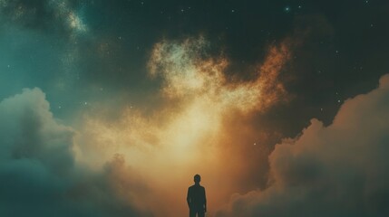 Fototapeta premium Facing my Faith. Businessman looking at the night sky with clouds. 3D rendering.