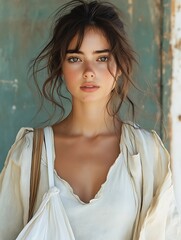 Obraz premium A young woman with long brown hair, wearing a white shirt, stands in front of a weathered teal door.
