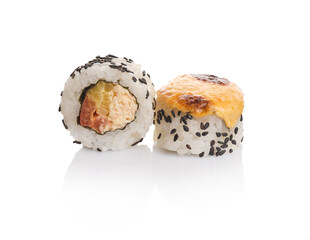 Delicious sushi rolls with cream cheese and black sesame seeds presented on a clean white surface