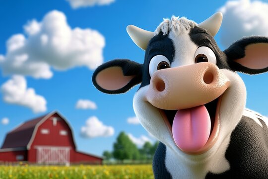 A 3D cartoon of a chubby cow happily sticking its tongue out while standing on a farm with a red barn in the background