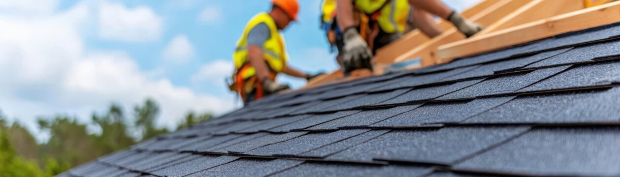 Roofing installation, workers applying shingles to the roof of a new house, Roofing, home construction
