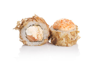 Delicious sushi rolls with crispy flakes and creamy filling, presented on a clean white background