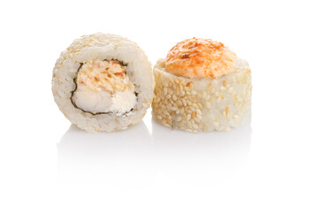 Delicious sushi rolls featuring creamy filling and a toasted topping perfect for a casual dining experience