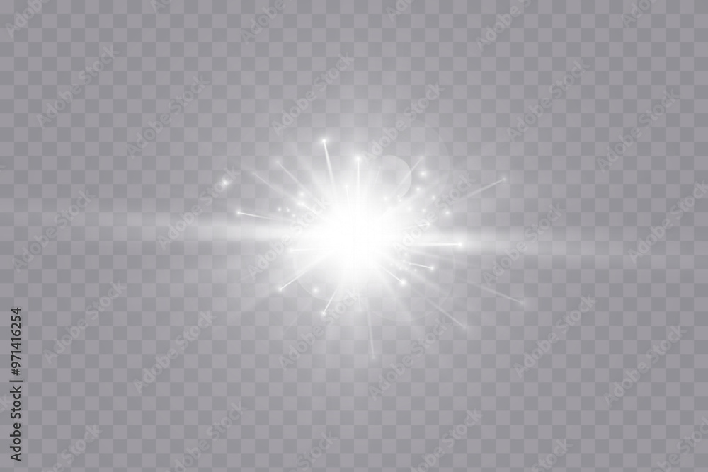 Poster Glowing white effect with highlights. Abstract white flash of light. Isolated on transparent background. Art and web design vector.