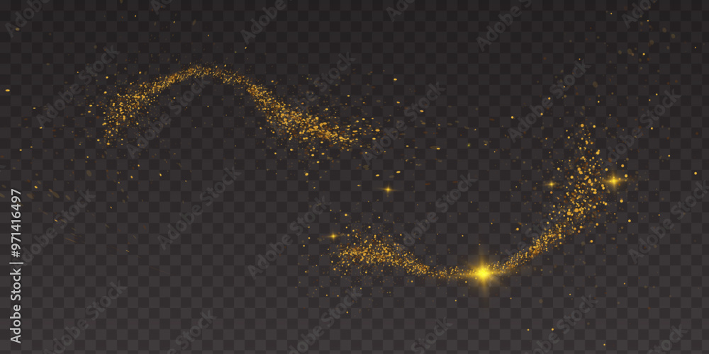 Aufkleber magic gold dust trail with star shaped sparkles on dark transparent background. realistic vector ill