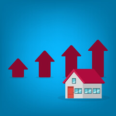 Arrows rise up above the house. The concept of growth in demand for real estate. Increase in the value of property