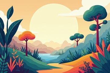 Sunlit Landscape with Winding Path and Lush Greenery