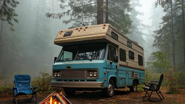 Retro blue rv camper parked in misty forest clearing campfire and chairs awaiting adventure