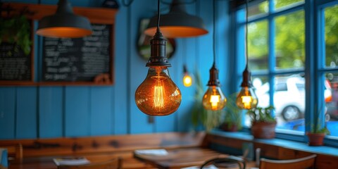 A cozy cafe interior with vintage-style hanging Edison bulbs illuminating a rustic setting, featuring blue wooden walls, large windows, and a wooden table with chairs