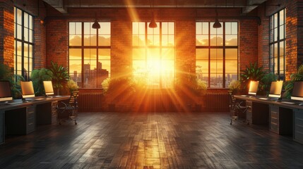 Fototapeta premium Spacious industrial-style office with exposed brick walls, large windows, and modern desks bathed in warm, golden sunlight during an inspiring sunset
