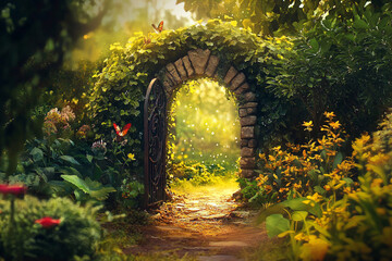 Mystical gate bathed in sunlight stands surrounded by vibrant, lush plants, flowers and trees