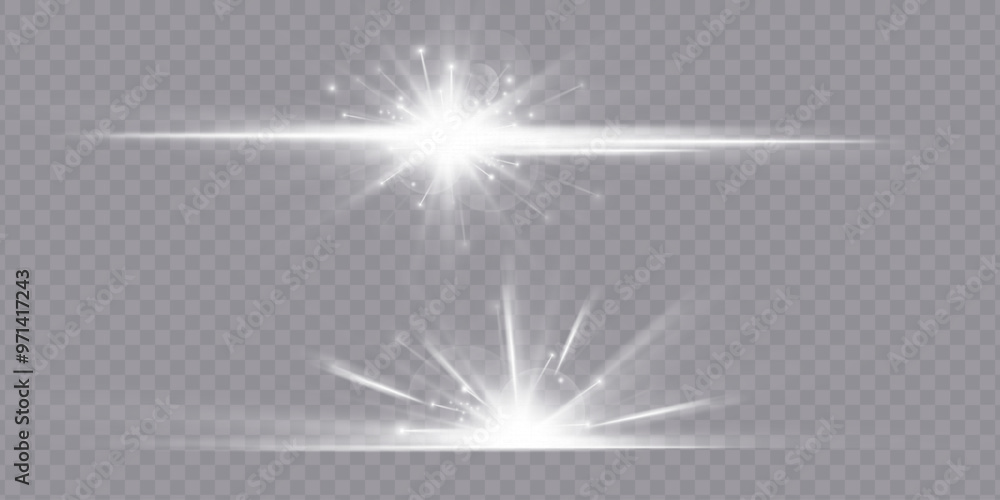 Poster Vector light effects. Set of white light lens effects on transparent background. Transparent vector sunlight for web design and illustrations.