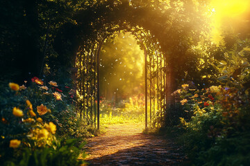 Mystical gate bathed in sunlight stands surrounded by vibrant, lush plants, flowers and trees