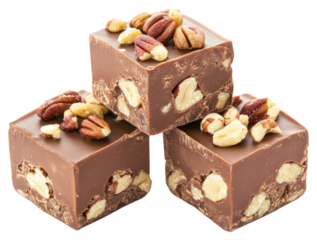 Three chocolate fudge cubes stacked dessert food.