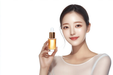 Korean woman with porcelain skin and a subtle smile, holding a serum bottle, pure white background, emphasizing skincare and K-beauty focus.