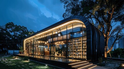 Obraz premium Modern Library Building With Illuminated Facade At Night