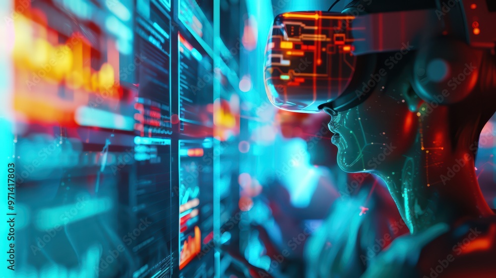 Poster futuristic scene with a user wearing virtual reality gear, immersed in a vibrant digital environment
