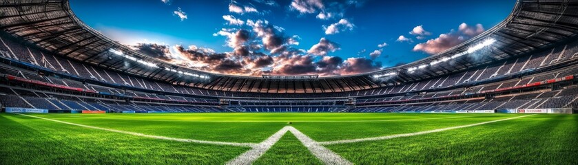 Fototapeta premium Stadium Vista, sweeping view from the centerline of Stadion 3, showcasing the expansive layout and vibrant atmosphere of the venue filled with sports energy.