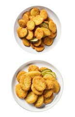 Delicious crispy fried pickles in white bowls, perfect for snacks or appetizers. A delightful treat for any gathering.