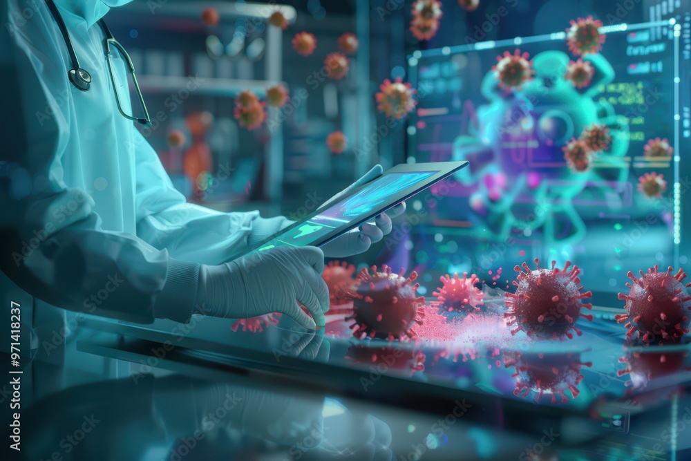 Poster medical professional using a tablet to analyze virus data in a high-tech lab environment with digita