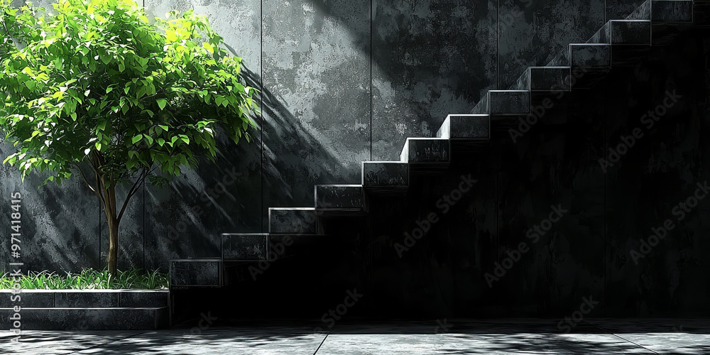 Poster A single tree stands against a stark concrete wall with a set of concrete stairs.