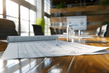 Modern conference room with architectural plans on a table, ready for collaboration and planning in a professional environment.
