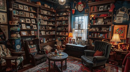 Cozy Living Room with Vintage Decor  Bookshelves  and Comfortable Armchairs