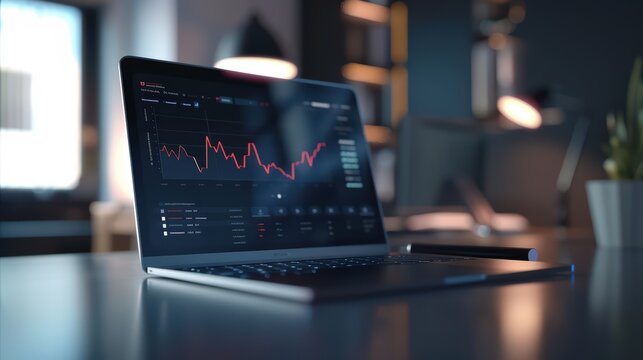 Modern laptop displaying market analysis with stock graphs, ideal for business and finance themes in a contemporary workspace.
