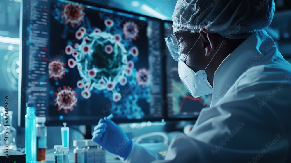 Poster scientist analyzing virus data on computer in laboratory. high-tech research and medical advancement