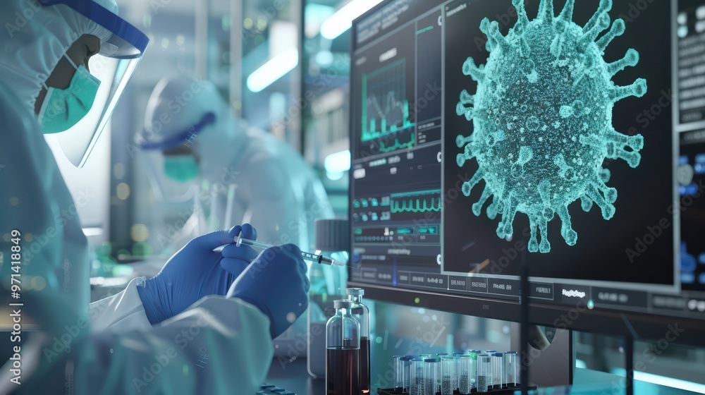 Aufkleber scientist working in laboratory with virus model on screen, conducting research and analysis with sa