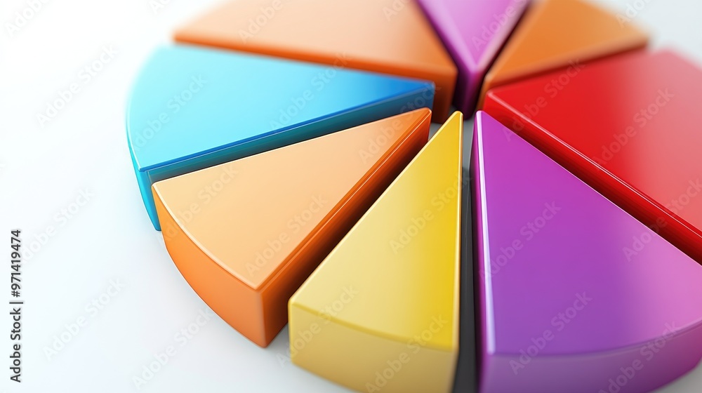 Poster a close-up of a 3d pie chart with bright, contrasting colors, the segments separated slightly to hig