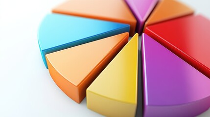 Obraz premium A close-up of a 3D pie chart with bright, contrasting colors, the segments separated slightly to highlight different data points, set on a white background