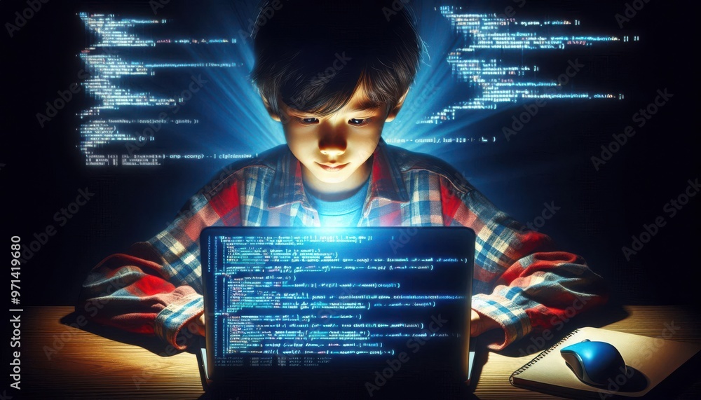 Poster a young boy intensely focused on a laptop, surrounded by glowing lines of code..concept: kids coding