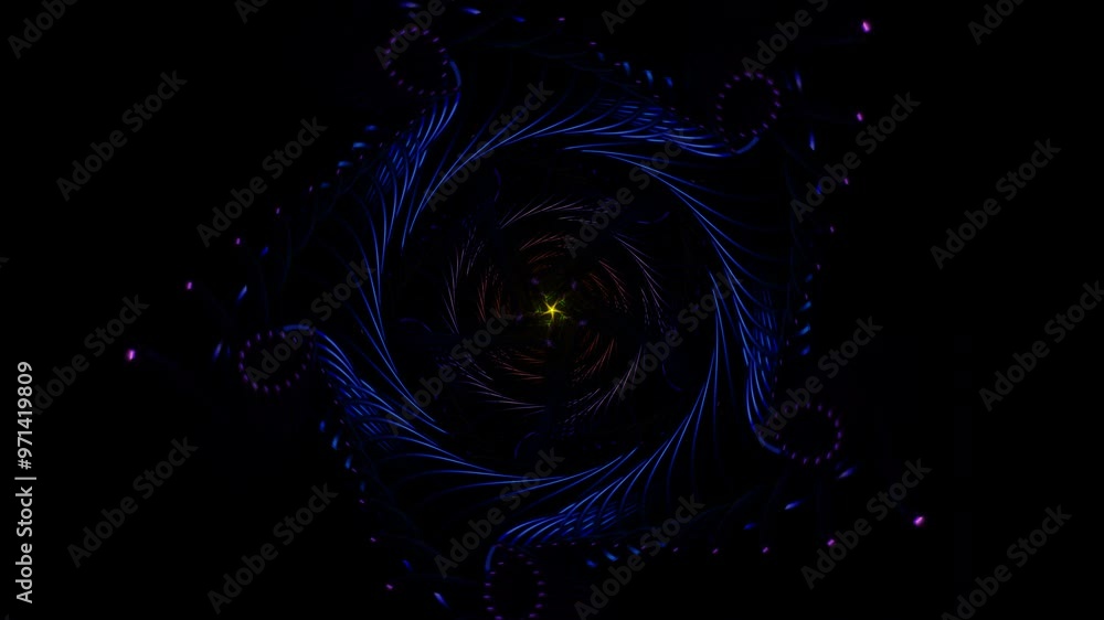 Poster futuristic strobe lights flash through colorful, abstract patterns in a vj loop.