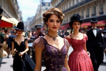 Fototapeta premium A bustling Parisian street in the Belle Ã‰poque era, with elegant women in fashionable dresses and carriages rolling down wide boulevards