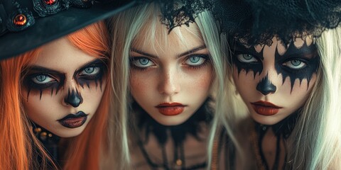 Naklejka premium A highly detailed and captivating portrait featuring three individuals with dramatic makeup and costumes that seem inspired by gothic and fantasy themes