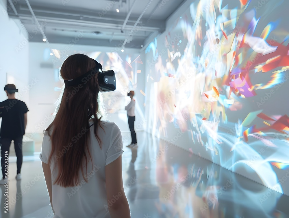 Aufkleber visitors engaging with interactive art installation in modern gallery showcasing dynamic digital ele