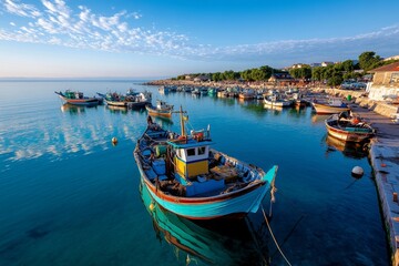 Fototapeta premium A bustling harbor at dawn, with fishermen preparing their boats, and the sea reflecting the soft, golden light of the rising sun