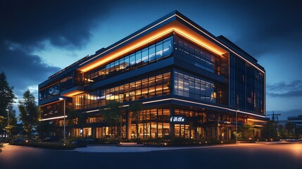Modern Office Building with Illuminated Facade at Night