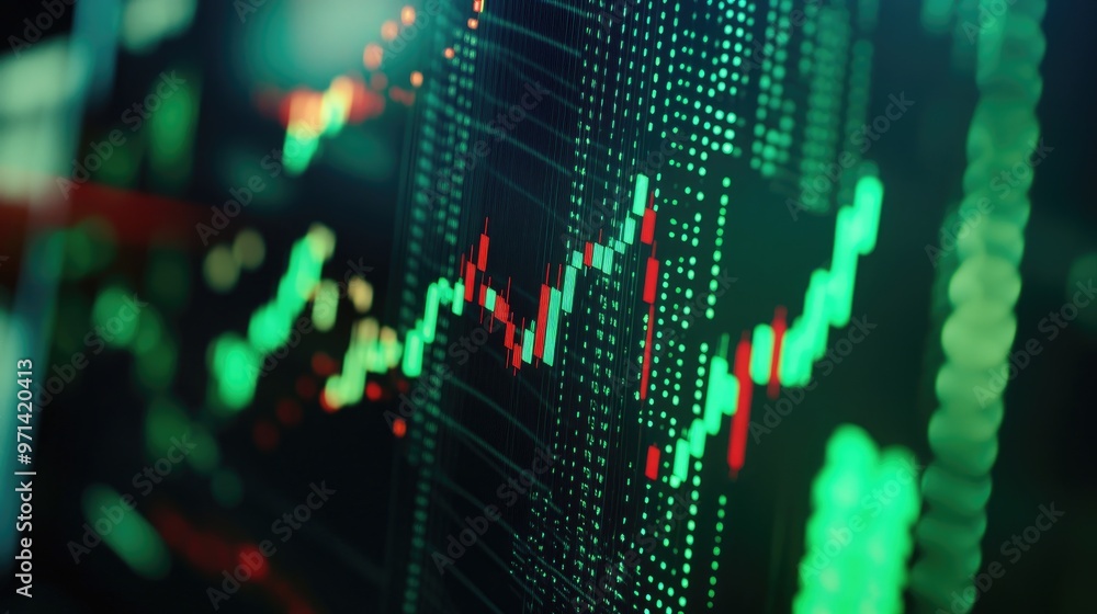 Poster a close-up of a computer screen showing a live stock market graph with green and red candlesticks, i