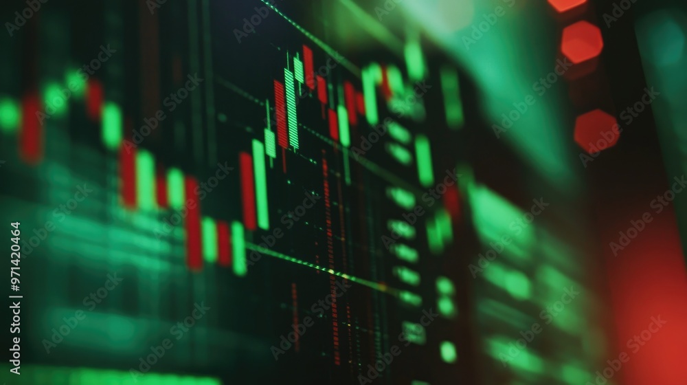 Poster a close-up of a computer screen showing a live stock market graph with green and red candlesticks, i