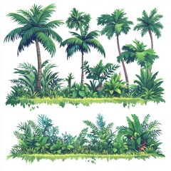 Tropical rainforest landscape with grass, plants and trees vector illustration on white background, AI generated