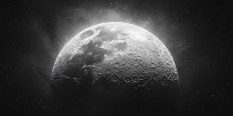 A black and white photo of the moon in space.