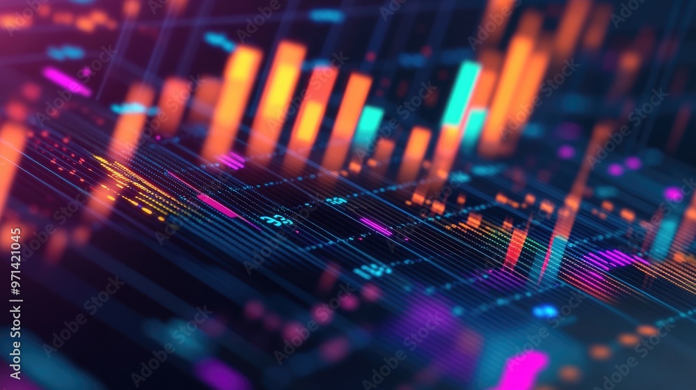 Poster A close-up of a financial graph with colorful bar charts and line graphs, with an emphasis on data visualization and financial performance metrics.