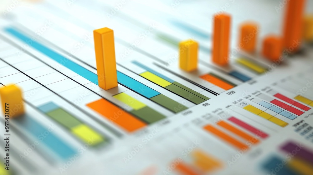 Poster A close-up of a financial graph with colorful bar charts and line graphs, with an emphasis on data visualization and financial performance metrics.