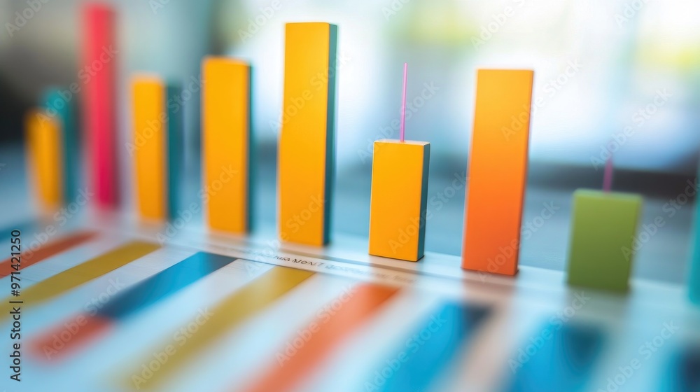 Poster a close-up of a financial graph with colorful bar charts and line graphs, with an emphasis on data v